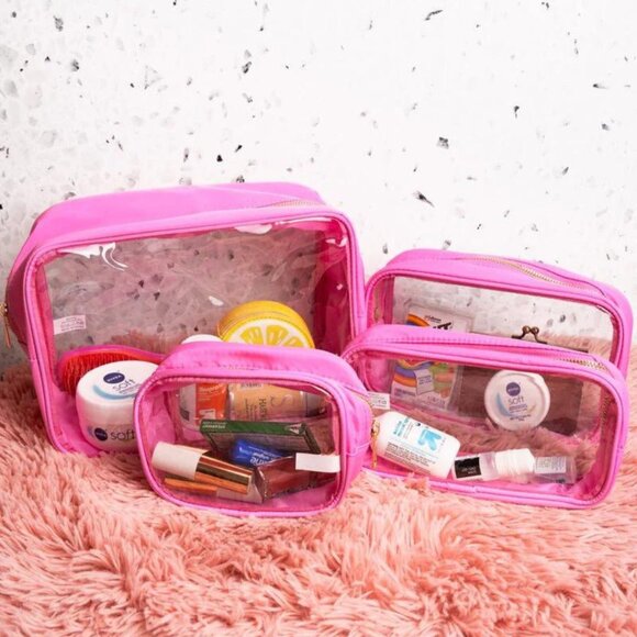 TRAVEL TIME Pink and Clear 4 Piece Travel & Makeup Pouch Set NWT - Picture 1 of 2